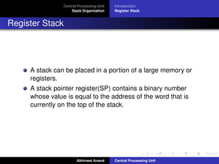 Central Processing Unit
Stack Organization

Introduction
Register Stack

Register Stack

A stack can be placed in a portion of a large memory or
registers.
A stack pointer register(SP) contains a binary number
whose value is equal to the address of the word that is
currently on the top of the stack.

Abhineet Anand

Central Processing Unit

 