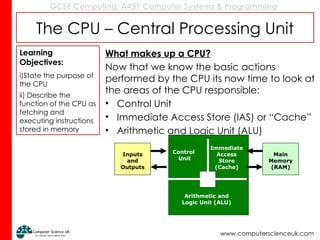 GCSE Computing: A451 Computer Systems & Programming
www.computerscienceuk.com
The CPU – Central Processing Unit
What makes up a CPU?
Now that we know the basic actions
performed by the CPU its now time to look at
the areas of the CPU responsible:
• Control Unit
• Immediate Access Store (IAS) or “Cache”
• Arithmetic and Logic Unit (ALU)
Learning
Objectives:
i)State the purpose of
the CPU
ii) Describe the
function of the CPU as
fetching and
executing instructions
stored in memory
Arithmetic and
Logic Unit (ALU)
Control
Unit
Immediate
Access
Store
(Cache)
Inputs
and
Outputs
Main
Memory
(RAM)
 