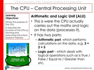 GCSE Computing: A451 Computer Systems & Programming
www.computerscienceuk.com
The CPU – Central Processing Unit
Arithmetic and Logic Unit (ALU)
• This is were the CPU actually
carries out the maths and logic
on the data (processes it).
• It has two parts:
– Arithmetic part, which performs
calculations on the data, e.g. 3 +
2 = 5
– Logic part – which deals with
logical operations such as is True /
False / Equal to / Greater than
etc.
Learning
Objectives:
i)State the purpose of
the CPU
ii) Describe the
function of the CPU as
fetching and
executing instructions
stored in memory
 