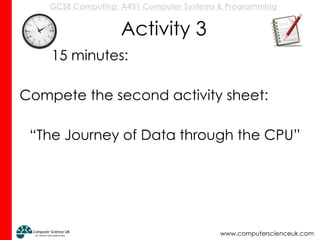 GCSE Computing: A451 Computer Systems & Programming
www.computerscienceuk.com
Activity 3
15 minutes:
Compete the second activity sheet:
“The Journey of Data through the CPU”
 