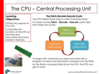 GCSE Computing: A451 Computer Systems & Programming
www.computerscienceuk.com
The CPU – Central Processing Unit
The Fetch-Decode-Execute Cycle
The CPU follows three steps in order to process data:
It is known as the Fetch - Decode - Execute cycle (aka
Fetch-Execute Cycle).
To begin with, whenever you open and work with a
program, its data and instructions is loaded onto the RAM.
As the RAM is accessed directly by the CPU, the CPU can
get to work!
Learning
Objectives:
i)State the purpose of
the CPU
ii) Describe the
function of the CPU as
fetching and
executing instructions
stored in memory
 