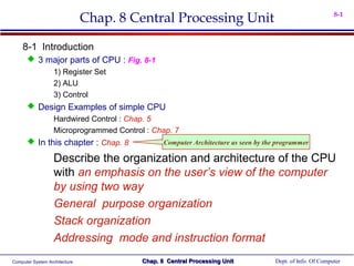Chap. 8 Central Processing Unit                                              8-1



    8-1 Introduction
       3 major parts of CPU : Fig. 8-1
           1) Register Set
           2) ALU
           3) Control
       Design Examples of simple CPU
                   Hardwired Control : Chap. 5
                   Microprogrammed Control : Chap. 7
       In this chapter : Chap. 8                Computer Architecture as seen by the programmer

                   Describe the organization and architecture of the CPU
                   with an emphasis on the user’s view of the computer
                   by using two way
                   General purpose organization
                   Stack organization
                   Addressing mode and instruction format
Computer System Architecture              Chap. 8 Central Processing Unit            Dept. of Info. Of Computer
 