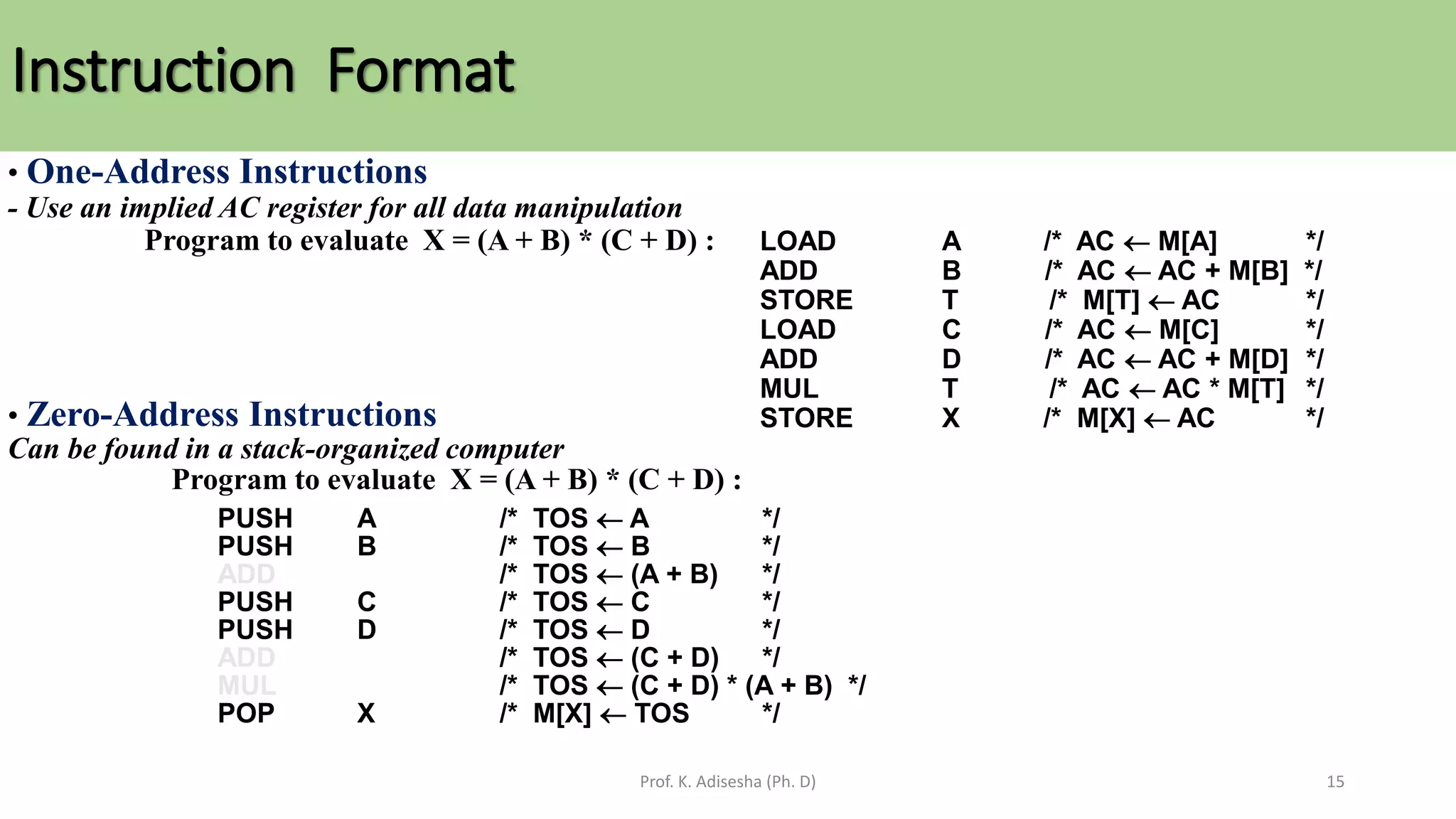 Instruction Format
Prof. K. Adisesha (Ph. D) 15
• One-Address Instructions
- Use an implied AC register for all data manipulation
Program to evaluate X = (A + B) * (C + D) :
• Zero-Address Instructions
Can be found in a stack-organized computer
Program to evaluate X = (A + B) * (C + D) :
LOAD A /* AC  M[A] */
ADD B /* AC  AC + M[B] */
STORE T /* M[T]  AC */
LOAD C /* AC  M[C] */
ADD D /* AC  AC + M[D] */
MUL T /* AC  AC * M[T] */
STORE X /* M[X]  AC */
PUSH A /* TOS  A */
PUSH B /* TOS  B */
ADD /* TOS  (A + B) */
PUSH C /* TOS  C */
PUSH D /* TOS  D */
ADD /* TOS  (C + D) */
MUL /* TOS  (C + D) * (A + B) */
POP X /* M[X]  TOS */
 