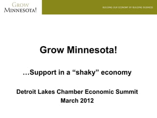 Grow Minnesota!

 …Support in a “shaky” economy

Detroit Lakes Chamber Economic Summit
               March 2012
 