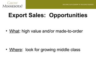 Export Sales: Opportunities

• What: high value and/or made-to-order



• Where: look for growing middle class
 