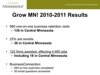 Grow MN! 2010-2011 Results
• 990 one-on-one business retention visits
   – 136 in Central Minnesota

• 23% are revisits
   – 36 in Central Minnesota

• 122 firms assisted, affecting 4,900 jobs
   – Including 18 in Central Minnesota

• BusinessConnection:
   – 940 on line searches completed
   – 50 email questions answered
 