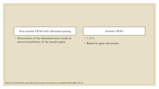 Non-arteritic CRAO with cilioretinal sparing
◦ Preservation of the cilioretinal artery results in
preserved perfusion of the macula region
Arteritic CRAO
◦ < 5 %
◦ Related to giant cell arteritis
Hayreh SS, Zimmerman MB. Central retinal artery occlusion: visual outcome. Am J Ophthalmol 2005; 140(3): 376–391.
 