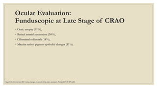 Ocular Evaluation:
Funduscopic at Late Stage of CRAO
◦ Optic atrophy (91%),
◦ Retinal arterial attenuation (58%),
◦ Cilioretinal collaterals (18%),
◦ Macular retinal pigment epithelial changes (11%)
Hayreh SS, Zimmerman MB. Fundus changes in central retinal artery occlusion. Retina 2007; 27: 276–289.
 