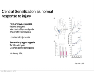 Central Sensitization as normal
response to injury
Raja et al, 1984
Primary hyperalgesia
Tactile allodynia
Mechanical hyperalgesia
Thermal hyperalgesia
Located at injury site
Secondary hyperalgesia
Tactile allodynia
Mechanical hyperalgesia
No injury site
lunes 23 de septiembre de 13
 