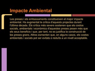 Impacte Ambiental 
Les preses i els embassaments constitueixen el major impacte 
ambiental. Ha augmentat la crítica d'aquests projectes durant 
l'última dècada. Els crítics més severs sostenen que els costos 
socials, ambientals i econòmics d'aquestes preses pesen més que 
els seus beneficis i que, per tant, no es justifica la construcció de 
les preses grans. Altres esmenten que, en alguns casos, els costos 
ambientals i socials pot ser evitats o reduïts a un nivell acceptable. 
 