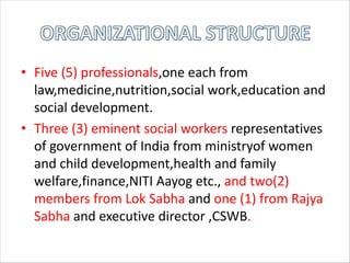 • Five (5) professionals,one each from
law,medicine,nutrition,social work,education and
social development.
• Three (3) eminent social workers representatives
of government of India from ministryof women
and child development,health and family
welfare,finance,NITI Aayog etc., and two(2)
members from Lok Sabha and one (1) from Rajya
Sabha and executive director ,CSWB.
 
