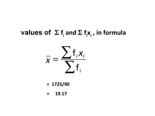 values of Σ fi and Σ fixi , in formula



         x=
            ∑f x     i i

            ∑f        i

         = 1725/90
         =   19.17
 