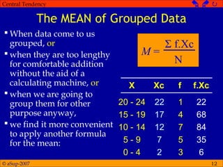 © aSup-2007
Central Tendency   
12
The MEAN of Grouped Data
 When data come to us
grouped, or
 when they are too lengthy
for comfortable addition
without the aid of a
calculating machine, or
 when we are going to
group them for other
purpose anyway,
 we find it more convenient
to apply another formula
for the mean:
M =
Σ f.Xc
N
X Xc f f.Xc
20 - 24
15 - 19
10 - 14
5 - 9
0 - 4
22
17
12
7
2
1
4
7
5
3
22
68
84
35
6
 
