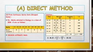 (3) From Continuous Series Data (Grouped
Data):-
Ф Ex- Marks obtained in Zoology in a class of
SEM -3 are as follows:
Ф Calculate arithmetic mean.
Marks 10 - 20 20 - 30 30 - 40 40 - 50 50 - 60
No of
Students
4 7 12 4 3
Solution:-
A. M.(ഥ𝑿) =
σ 𝒇.𝑿
σ 𝒇
=
𝟏𝟎𝟎𝟎
𝟑𝟎
= 33.33
Class Mid-point
(X)
Frequency
(f)
f.X
10 – 20
20 – 30
30 – 40
40 – 50
50 – 60
𝟏𝟎 + 𝟐𝟎
𝟐
=
𝟑𝟎
𝟐
= 𝟏𝟓
𝟐𝟎 + 𝟑𝟎
𝟐
=
𝟓𝟎
𝟐
= 𝟐𝟓
𝟑𝟎 + 𝟒𝟎
𝟐
=
𝟕𝟎
𝟐
= 𝟑𝟓
𝟒𝟎 + 𝟓𝟎
𝟐
=
𝟗𝟎
𝟐
= 𝟒𝟓
𝟓𝟎 + 𝟔𝟎
𝟐
=
𝟏𝟏𝟎
𝟐
= 𝟓𝟓
4
7
12
4
3
60
175
420
180
165
σ 𝒇 = 30 σ 𝒇. 𝑿 = 1000
 