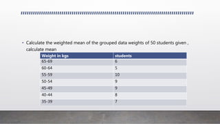 • Calculate the weighted mean of the grouped data weights of 50 students given ,
calculate mean
Weight in kgs students
65-69 6
60-64 5
55-59 10
50-54 9
45-49 9
40-44 8
35-39 7
 