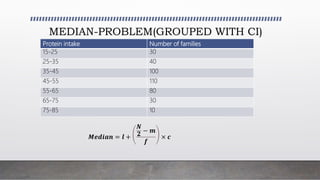 MEDIAN-PROBLEM(GROUPED WITH CI)
𝑴𝒆𝒅𝒊𝒂𝒏 = 𝒍 +
𝑵
𝟐
− 𝒎
𝒇
× 𝒄
Protein intake Number of families
15-25 30
25-35 40
35-45 100
45-55 110
55-65 80
65-75 30
75-85 10
 