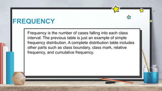 FREQUENCY
Frequency is the number of cases falling into each class
interval. The previous table is just an example of simple
frequency distribution. A complete distribution table includes
other parts such as class boundary, class mark, relative
frequency, and cumulative frequency.
 