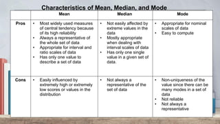 Mean Median Mode
Pros • Most widely used measures
of central tendency because
of its high reliability
• Always a representative of
the whole set of data
• Appropriate for interval and
ratio scales of data
• Has only one value to
describe a set of data
• Not easily affected by
extreme values in the
data
• Mostly appropriate
when dealing with
interval scales of data
• Has only one single
value in a given set of
data.
• Appropriate for nominal
scales of data
• Easy to compute
Cons • Easily influenced by
extremely high or extremely
low scores or values in the
distribution
• Not always a
representative of the
set of data
• Non-uniqueness of the
value since there can be
many modes in a set of
data
• Not reliable
• Not always a
representative
Characteristics of Mean, Median, and Mode
 