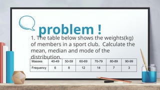 problem !
1. The table below shows the weights(kg)
of members in a sport club. Calculate the
mean, median and mode of the
distribution.
Masses 40-49 50-59 60-69 70-79 80-89 90-99
Frequency 6 8 12 14 7 3
 