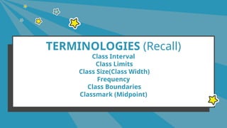 TERMINOLOGIES (Recall)
Class Interval
Class Limits
Class Size(Class Width)
Frequency
Class Boundaries
Classmark (Midpoint)
 
