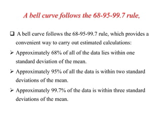 A bell curve follows the 68-95-99.7 rule,
 A bell curve follows the 68-95-99.7 rule, which provides a
convenient way to carry out estimated calculations:
 Approximately 68% of all of the data lies within one
standard deviation of the mean.
 Approximately 95% of all the data is within two standard
deviations of the mean.
 Approximately 99.7% of the data is within three standard
deviations of the mean.
 