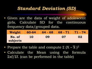 Standard Deviation (SD)
• Given are the data of weight of adolescent
girls. Calculate SD for the continuous
frequency data/grouped data.
• Prepare the table and compute Σ (X – x )2
• Calculate the Mean using the formula
Σxf/Σf. (can be performed in the table)
Weight 60-64 64 - 68 68 - 71 71 - 74
No. of
subjects
10 09 07 02
 
