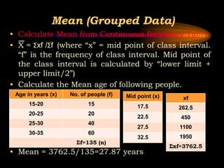 Mean (Grouped Data)
• Calculate Mean from Continuous frequency Table.
• X = Σxf /Σf (where “x” = mid point of class interval.
“f” is the frequency of class interval. Mid point of
the class interval is calculated by “lower limit +
upper limit/2”)
• Calculate the Mean age of following people.
• Mean = 3762.5/135=27.87 years
Age in years (x) No. of people (f)
15-20 15
20-25 20
25-30 40
30-35 60
Σf=135 (n)
Mid point (x)
17.5
22.5
27.5
32.5
xf
262.5
450
1100
1950
Σxf=3762.5
 