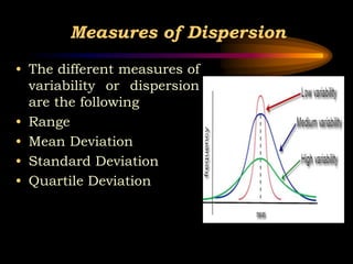 Measures of Dispersion
• The different measures of
variability or dispersion
are the following
• Range
• Mean Deviation
• ...