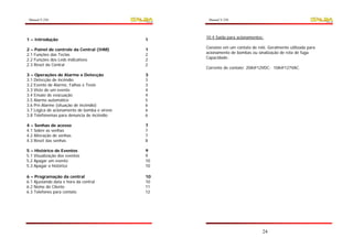 Manual V.250                                       Manual V.250




1 – Introdução                                1    10.4 Saída para acionamentos:

2 – Painel de controle da Central (IHM)       1    Consiste em um contato de relé. Geralmente utilizada para
2.1 Funções das Teclas                        2    acionamento de bombas ou sinalização de rota de fuga.
2.2 Funções dos Leds indicativos              2    Capacidade:
2.3 Reset da Central                          2
                                                   Corrente de contato: 20A@12VDC; 10A@127VAC.
3 – Operações de Alarme e Detecção            3
3.1 Detecção de incêndio                      3
3.2 Evento de Alarme, Falhas e Teste          3
3.3 Visto de um evento                        4
3.4 Ensaio de evacuação                       4
3.5 Alarme automático                         5
3.6 Pré-Alarme (situação de incêndio)         6
3.7 Lógica de acionamento de bomba e sirene   6
3.8 Telefonemas para denuncia de incêndio     6

4 – Senhas de acesso                          7
4.1 Sobre as senhas                           7
4.2 Alteração de senhas                       7
4.3 Reset das senhas                          8

5 – Histórico de Eventos                      9
5.1 Visualização dos eventos                  9
5.2 Apagar um evento                          10
5.3 Apagar o histórico                        10

6 – Programação da central                    10
6.1 Ajustando data e hora da central          10
6.2 Nome do Cliente                           11
6.3 Telefones para contato                    12




                                                                                24
 