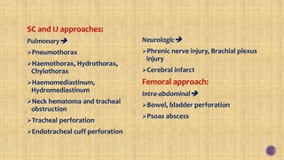 SC and IJ approaches:
Pulmonary
Pneumothorax
Haemothorax, Hydrothorax,
Chylothorax
Haemomediastinum,
Hydromediastinum
Neck hematoma and tracheal
obstruction
Tracheal perforation
Endotracheal cuff perforation
Neurologic
Phrenic nerve injury, Brachial plexus
injury
Cerebral infarct
Femoral approach:
Intra-abdominal
Bowel, bladder perforation
Psoas abscess
 