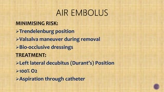 MINIMISING RISK:
Trendelenburg position
Valsalva maneuver during removal
Bio-occlusive dressings
TREATMENT:
Left lateral decubitus (Durant’s) Position
100% O2
Aspiration through catheter
 