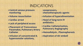 Central venous pressure
monitoring
Volume resuscitation
Cardiac arrest
Lack of peripheral access
Placement of Transvenous
Pacemaker, Pulmonary Artery
Catheter
Infusion of concentrated &
hyperosmolar solutions,
vasopressors,
chemotherapeutic agents
Infusion of hyperalimentation
Need of long-term IV
antibiotics
Cardiac Catheterization,
Pulmonary Angiography
Hemodialysis , Plasmapheresis
Aspiration of Air emboli
 