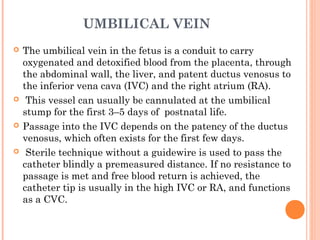 UMBILICAL VEIN
 The umbilical vein in the fetus is a conduit to carry
oxygenated and detoxified blood from the placenta, through
the abdominal wall, the liver, and patent ductus venosus to
the inferior vena cava (IVC) and the right atrium (RA).
 This vessel can usually be cannulated at the umbilical
stump for the first 3–5 days of postnatal life.
 Passage into the IVC depends on the patency of the ductus
venosus, which often exists for the first few days.
 Sterile technique without a guidewire is used to pass the
catheter blindly a premeasured distance. If no resistance to
passage is met and free blood return is achieved, the
catheter tip is usually in the high IVC or RA, and functions
as a CVC.
 