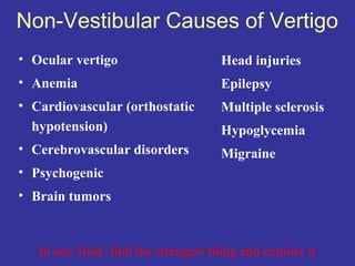 Non-Vestibular Causes of Vertigo
• Ocular vertigo                     Head injuries
• Anemia                             Epilepsy
• Cardiovascular (orthostatic        Multiple sclerosis
  hypotension)                       Hypoglycemia
• Cerebrovascular disorders          Migraine
• Psychogenic
• Brain tumors



   In any field, find the strangest thing and explore it
 