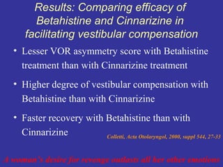 Results: Comparing efficacy of
        Betahistine and Cinnarizine in
      facilitating vestibular compensation
  • Lesser VOR asymmetry score with Betahistine
    treatment than with Cinnarizine treatment
  • Higher degree of vestibular compensation with
    Betahistine than with Cinnarizine
  • Faster recovery with Betahistine than with
    Cinnarizine          Colletti, Acta Otolaryngol, 2000, suppl 544, 27-33



A woman’s desire for revenge outlasts all her other emotions
 