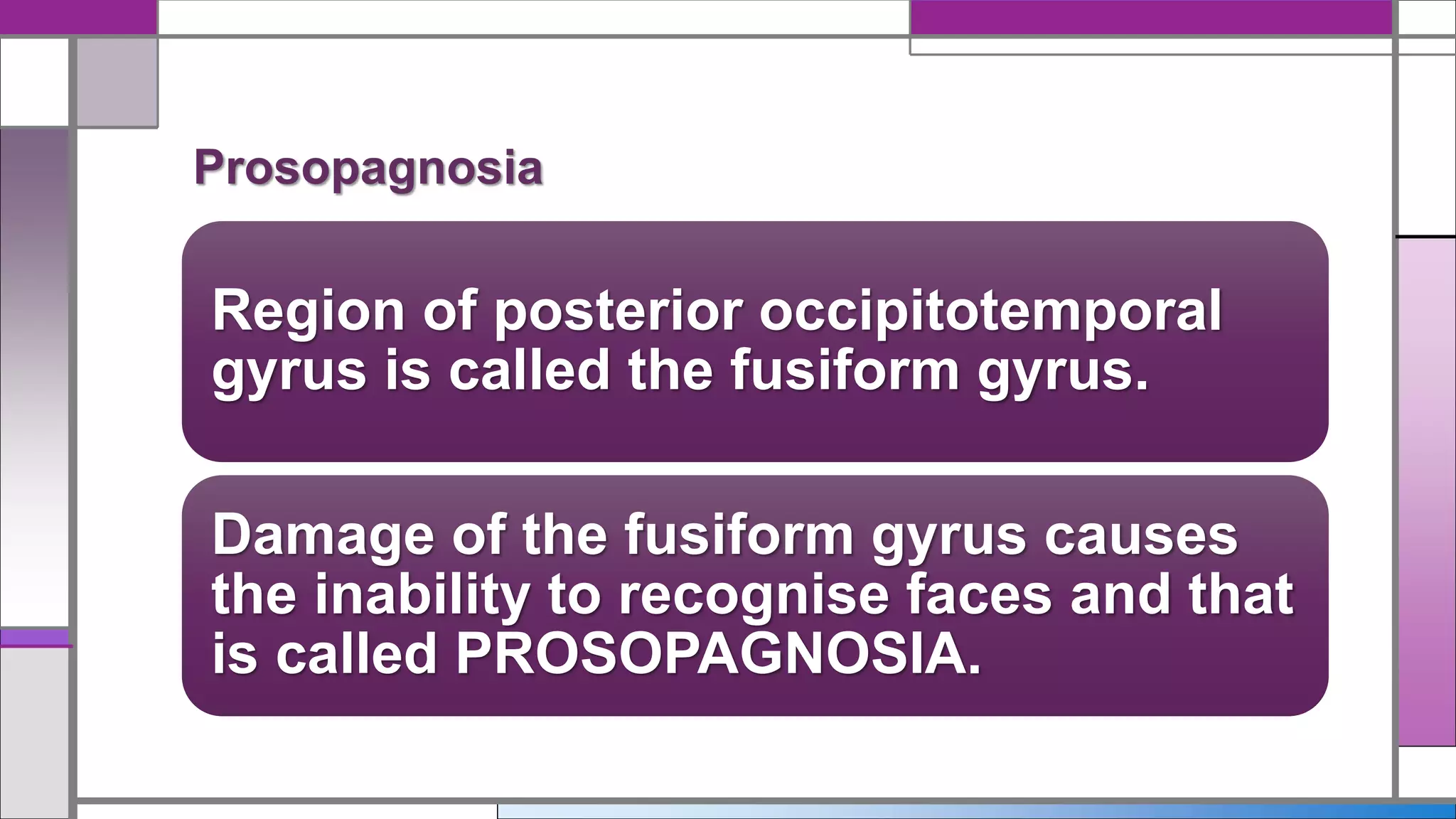 Region of posterior occipitotemporal
gyrus is called the fusiform gyrus.
Damage of the fusiform gyrus causes
the inability to recognise faces and that
is called PROSOPAGNOSIA.
Prosopagnosia
 