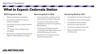2020 Progress to-date
• Station excavation complete
• Concrete works for the station
inverts complete
• Secondary Entrance steel erection
complete
• TTC station box underpinning
complete
• Roof slabs completed beneath the
Eglinton West Station bus loop
Remaining Work in 2020
• Concrete works continue at the
station box and both entrances
• Continue construction of the
pedestrian tunnels into Eglinton
West Station
• Continue architectural works
inside Eglinton West Station and
at the Secondary Entrance
• Placement of mechanical and
electrical equipment
Remaining Work for 2021
• Completion of roof construction
• Completion of concrete works
• Completion of the station
entrances above ground
• Continue architectural works
• Road reinstatement and
landscaping
Eglinton Crosstown
What to Expect: Cedarvale Station
 