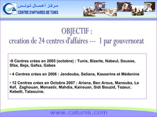 CENTRE D'AFFAIRES DE TUNIS مـركـز أعـمــال تـونــس www.catunis.com OBJECTIF : creation de 24 centres d'affaires ---  1 par gouvernorat ,[object Object],[object Object],[object Object]