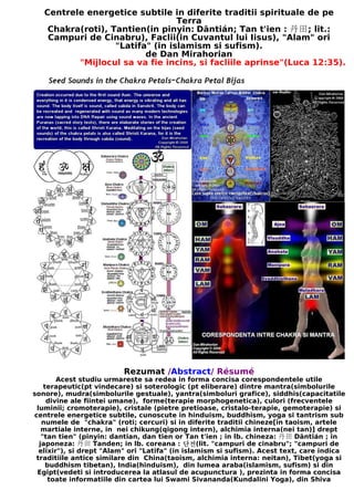 Centrele energetice subtile in diferite traditii spirituale de pe
Terra
Chakra(roti), Tantien(in pinyin: Dāntián; Tan t'ien : 丹田; lit.:
Campuri de Cinabru), Faclii(in Cuvantul lui Iisus), "Alam" ori
"Latifa" (in islamism si sufism).
de Dan Mirahorian
"Mijlocul sa va fie incins, si facliile aprinse"(Luca 12:35).
Rezumat /Abstract/ Résumé
Acest studiu urmareste sa redea in forma concisa corespondentele utile
terapeutic(pt vindecare) si soterologic (pt eliberare) dintre mantra(simbolurile
sonore), mudra(simbolurile gestuale), yantra(simboluri grafice), siddhis(capacitatile
divine ale fiintei umane), forme(terapie morphogenetica), culori (frecventele
luminii; cromoterapie), cristale (pietre pretioase, cristalo-terapie, gemoterapie) si
centrele energetice subtile, cunoscute in hinduism, buddhism, yoga si tantrism sub
numele de "chakra" (roti; cercuri) si in diferite traditii chineze[in taoism, artele
martiale interne, in nei chikung(qigong intern), alchimia interna(nei tan)] drept
"tan tien" (pinyin: dantian, dan tien or Tan t'ien ; in lb. chineza: 丹田 Dāntián ; in
japoneza: 丹田 Tanden; in lb. coreana : 단전(lit. "campuri de cinabru"; "campuri de
elixir"), si drept "Alam" ori "Latifa" (in islamism si sufism). Acest text, care indica
traditiile antice similare din China(taoism, alchimia interna: neitan), Tibet(yoga si
buddhism tibetan), India(hinduism), din lumea araba(islamism, sufism) si din
Egipt(vedeti si introducerea la atlasul de acupunctura ), prezinta in forma concisa
toate informatiile din cartea lui Swami Sivananda(Kundalini Yoga), din Shiva
 