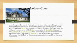 Loir-et-Cher
• Autrefois prisé des rois de France, le Loir-et-Cher attire aujourd'hui, avec son
riche patrimoine historique, architectural et artistique, les visiteurs du monde
entier. La ville de Blois et son superbe héritage en bordure du fleuve royal, les
châteaux renommés du val de Loire comme celui de Chambord ou celui
de Cheverny, la vallée du Loir et ses édifices religieux abritant de splendides
peintures murales ou encore la Sologne et ses paysages sauvages. Autant
d'atouts qui font du Loir-et-Cher une destination incontournable et pleine de
découvertes.
 