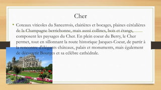 Cher
• Coteaux viticoles du Sancerrois, clairières et bocages, plaines céréalières
de la Champagne berrichonne, mais aussi collines, bois et étangs,
composent les paysages du Cher. En plein coeur du Berry, le Cher
permet, tout en sillonnant la route historique Jacques-Coeur, de partir à
la rencontre d'élégants châteaux, palais et monuments, mais également
de découvrir Bourges et sa célèbre cathédrale.
 