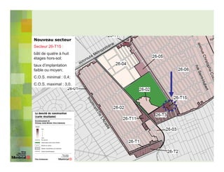Nouveau secteur
Secteur 26-T15 :
bâti de quatre à huit
étages hors-sol;
taux d’implantation
faible ou moyen;
C.O.S. minimal : 0,4;
C.O.S. maximal : 3,0.
 