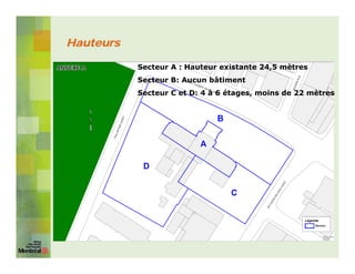 Hauteurs

           Secteur A : Hauteur existante 24,5 mètres
           Secteur B: Aucun bâtiment
           Secteur C et D: 4 à 6 étages, moins de 22 mètres
 