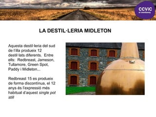 Aquesta destil·leria del sud
de l’illa produeix 12
destil·lats diferents. Entre
ells: Redbreast, Jameson,
Tullamore, Green Spot,
Paddy i Midleton...
Redbreast 15 es produeix
de forma discontínua, el 12
anys és l’expressió més
habitual d’aquest single pot
still
LA DESTIL·LERIA MIDLETON
 