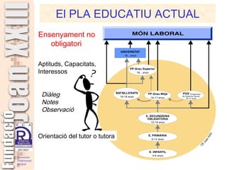 El PLA EDUCATIU ACTUAL Ensenyament no obligatori Aptituds, Capacitats,  Interessos Diàleg Notes Observació Orientació del tutor o tutora 