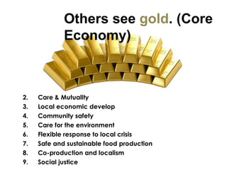 Care & Mutuality Local economic develop Community safety Care for the environment Flexible response to local crisis Safe and sustainable food production Co-production and localism Social justice Others see  gold . (Core  Economy)  