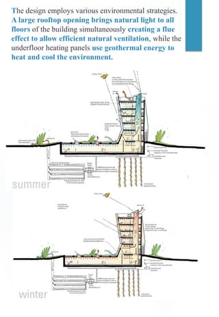 The design employs various environmental strategies.
A large rooftop opening brings natural light to all
floors of the building simultaneously creating a flue
effect to allow efficient natural ventilation, while the
underfloor heating panels use geothermal energy to
heat and cool the environment.
 