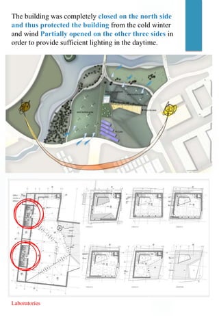 The building was completely closed on the north side
and thus protected the building from the cold winter
and wind Partially opened on the other three sides in
order to provide sufficient lighting in the daytime.
Laboratories
 