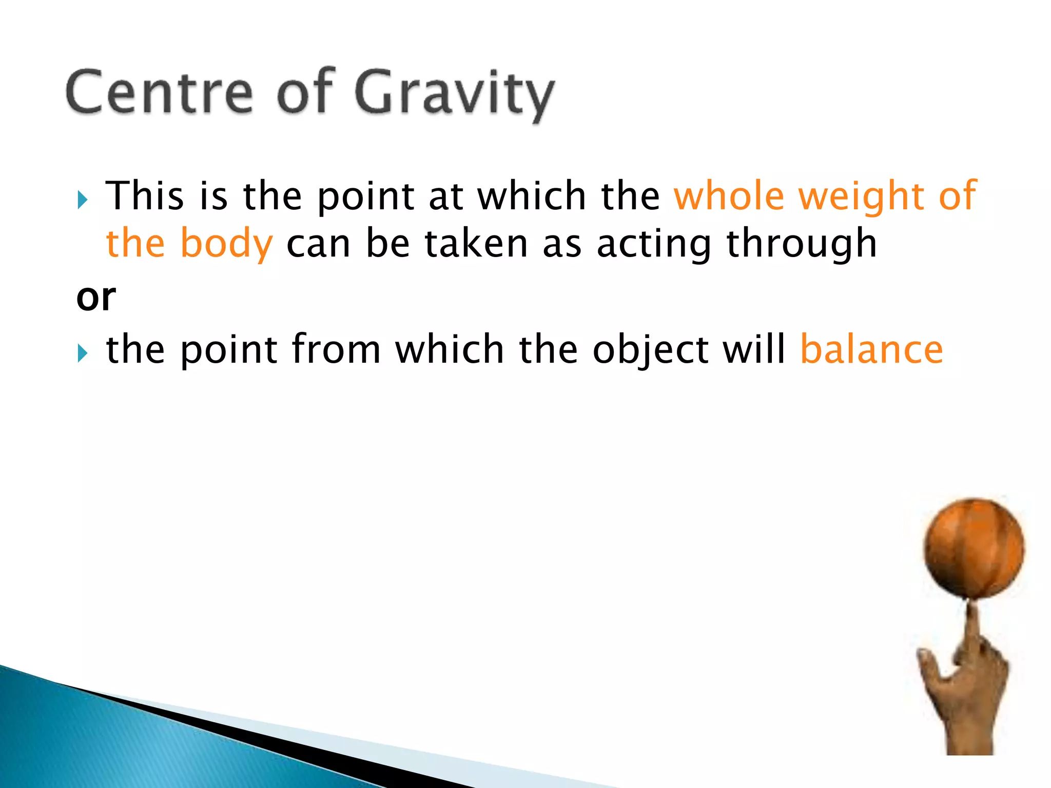  This is the point at which the whole weight of
the body can be taken as acting through
or
 the point from which the object will balance
 