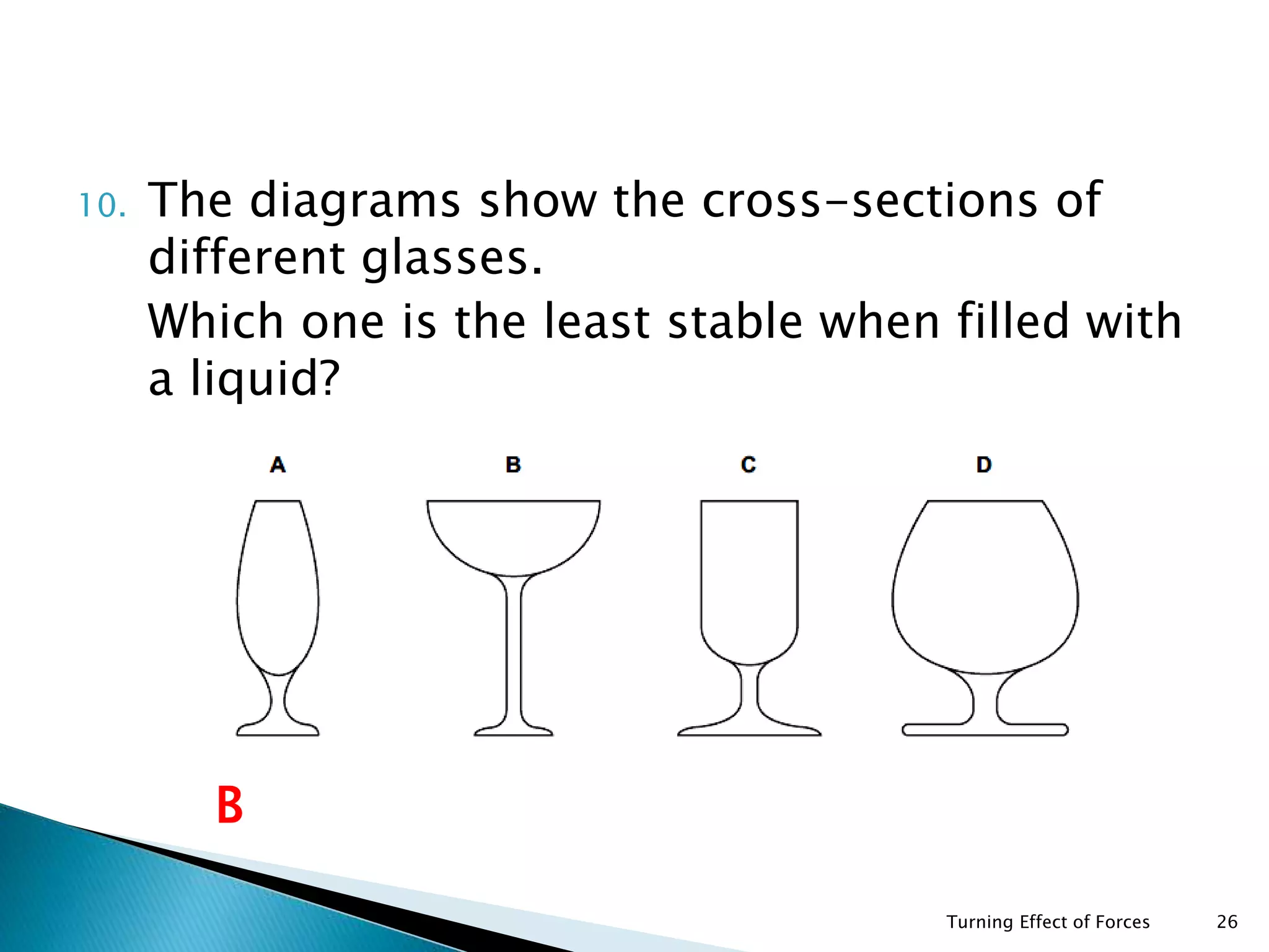 10. The diagrams show the cross-sections of
different glasses.
11. Which one is the least stable when filled with
a liquid?
Turning Effect of Forces 26
B
 